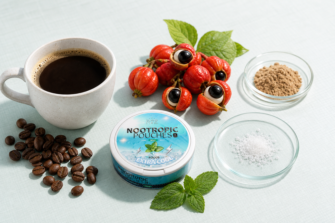 Kryze pouch can with coffee, guarana fruit, guarana extract, and purified caffeine samples