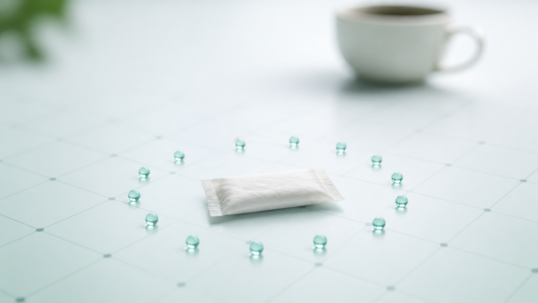 One white caffeine pouch on a measured grid with a coffee cup in the background