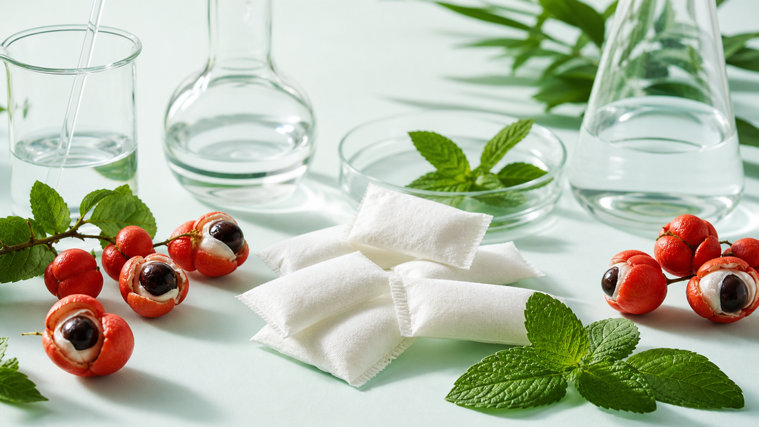 White caffeine pouches with guarana fruit, mint leaves, and glass lab vessels