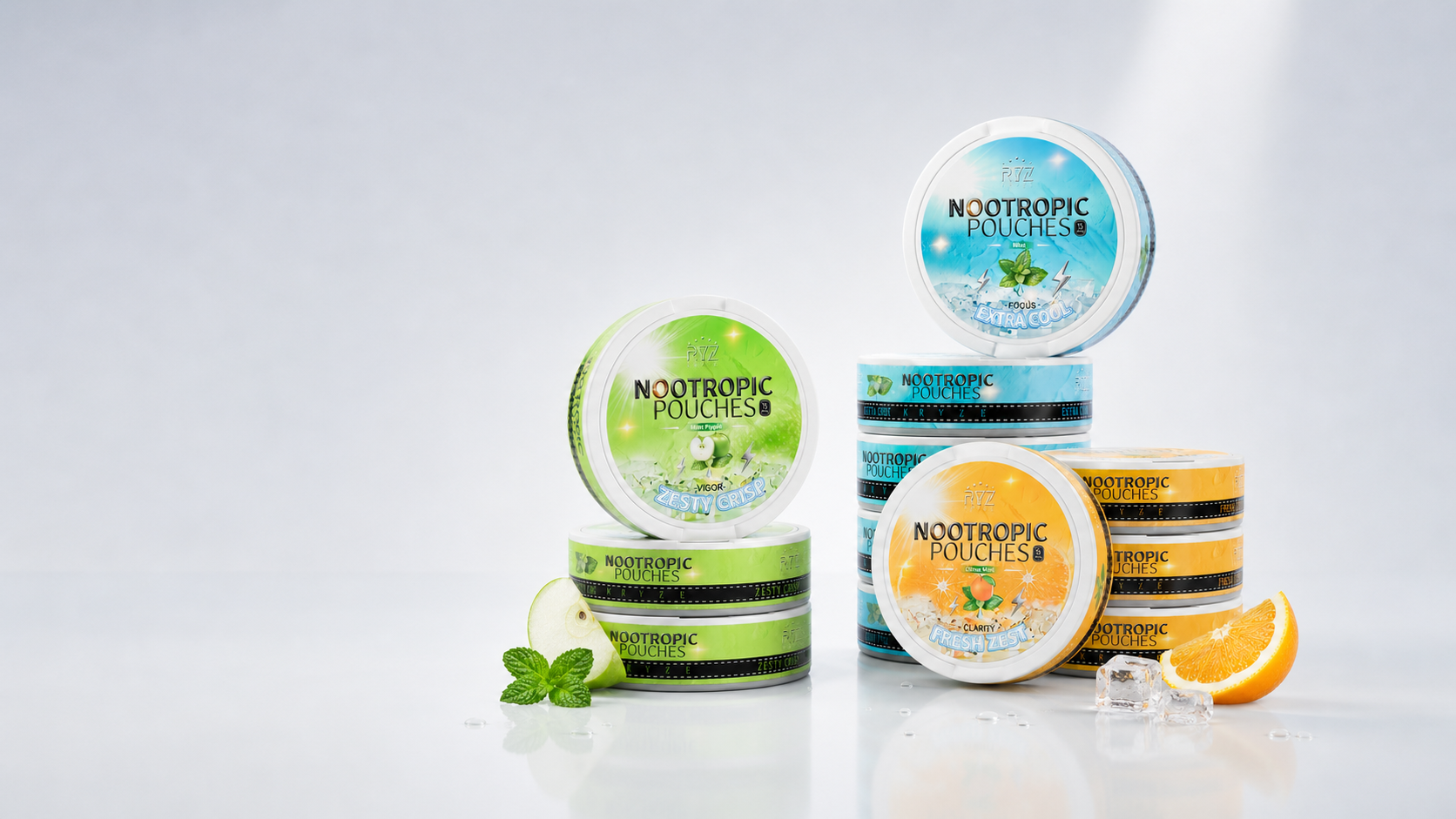 Fresh Mint, Citrus Mint, and Green Apple Mint Kryze nootropic pouch cans on a bright white studio surface