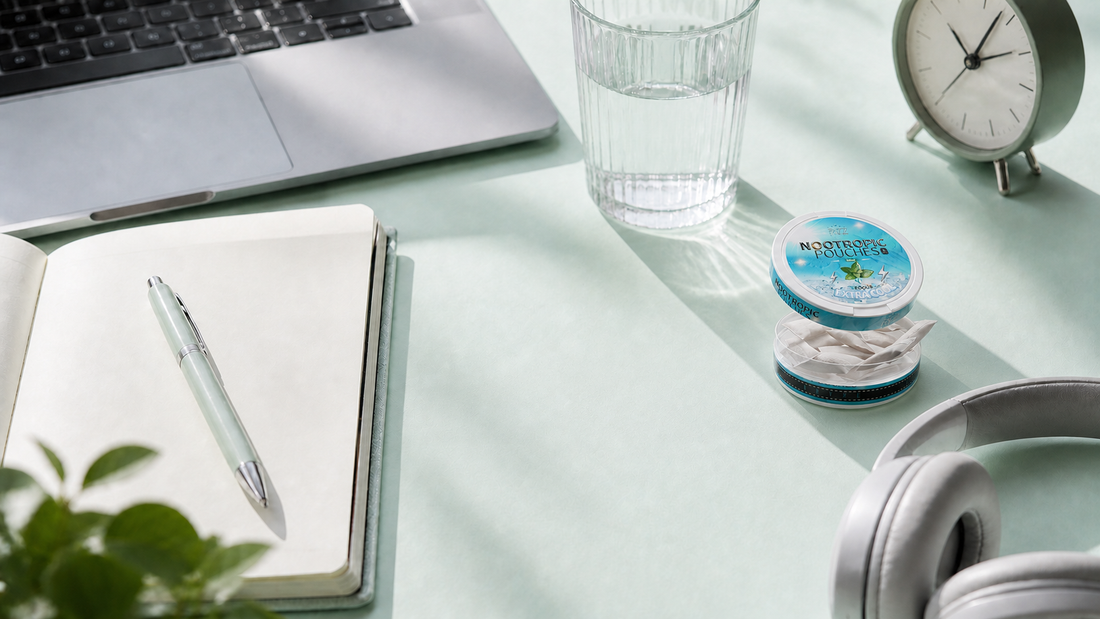 Open blue Kryze nootropic pouch tin on a pale mint desk with a laptop, notebook, water, clock, and headphones