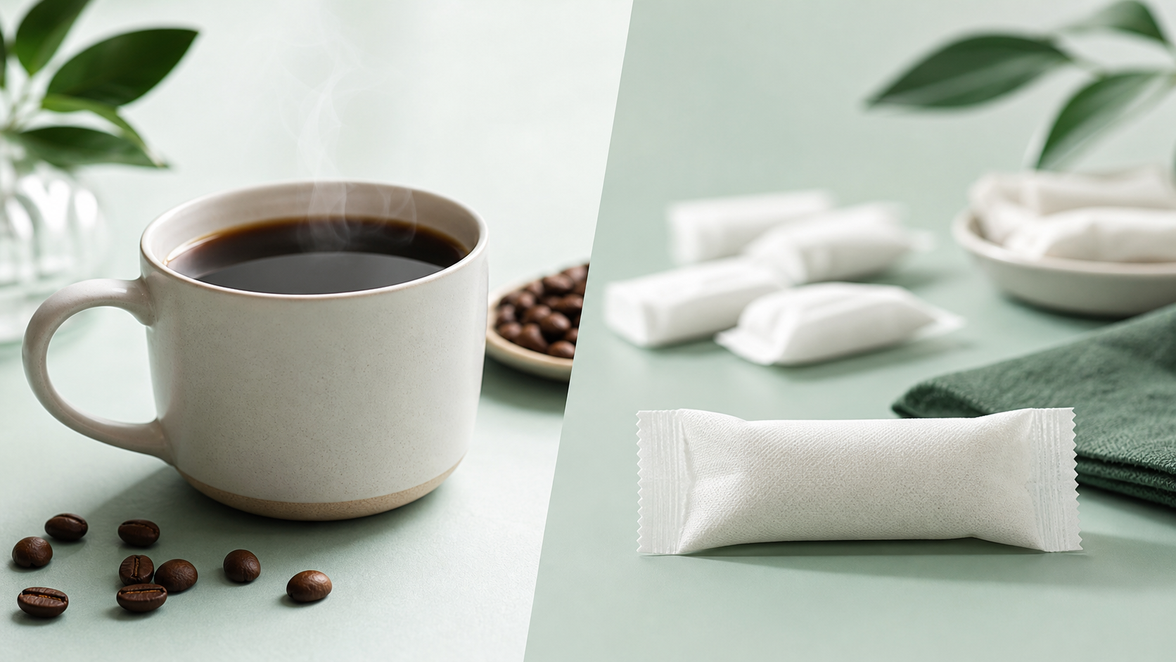 Black coffee beside a white caffeine pouch