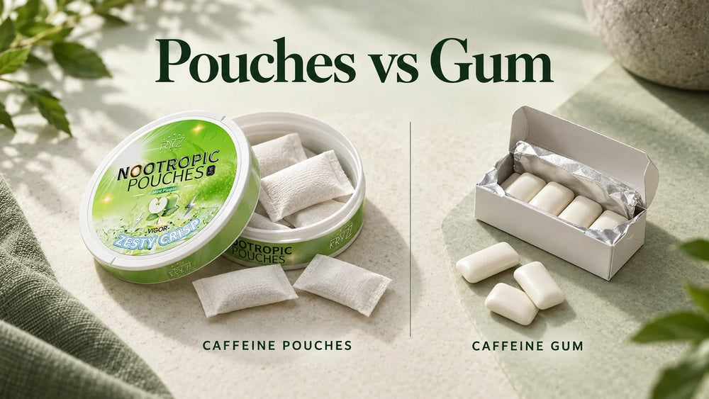 Illustrated comparison of a green Kryze caffeine-pouch can and white pouches beside generic caffeine gum.