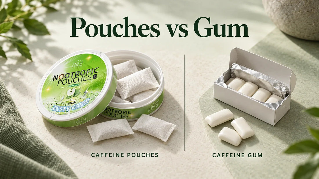 Illustrated comparison of a green Kryze caffeine-pouch can and white pouches beside generic caffeine gum.