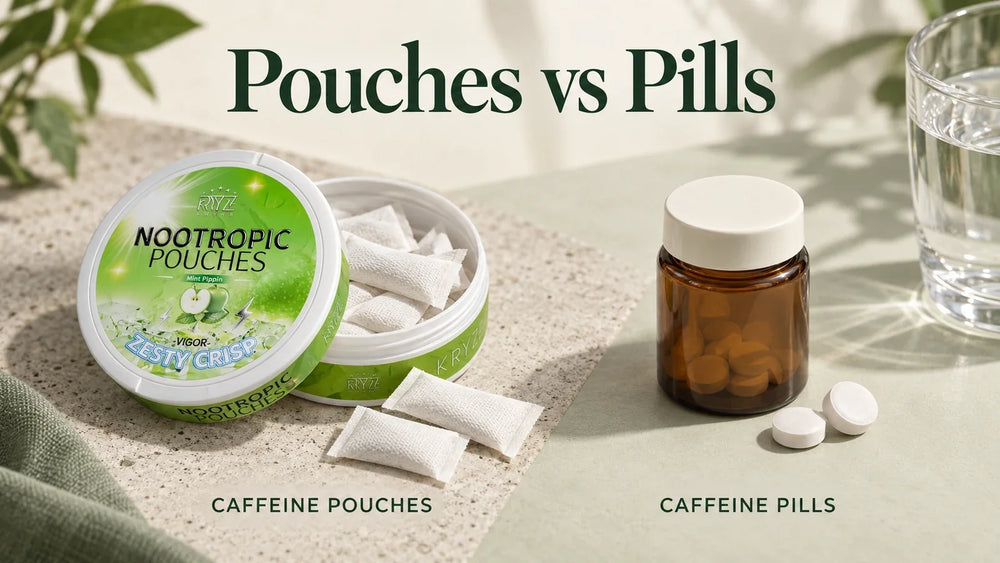 Illustrated comparison of a green Kryze caffeine-pouch can and white pouches beside generic caffeine tablets and water.