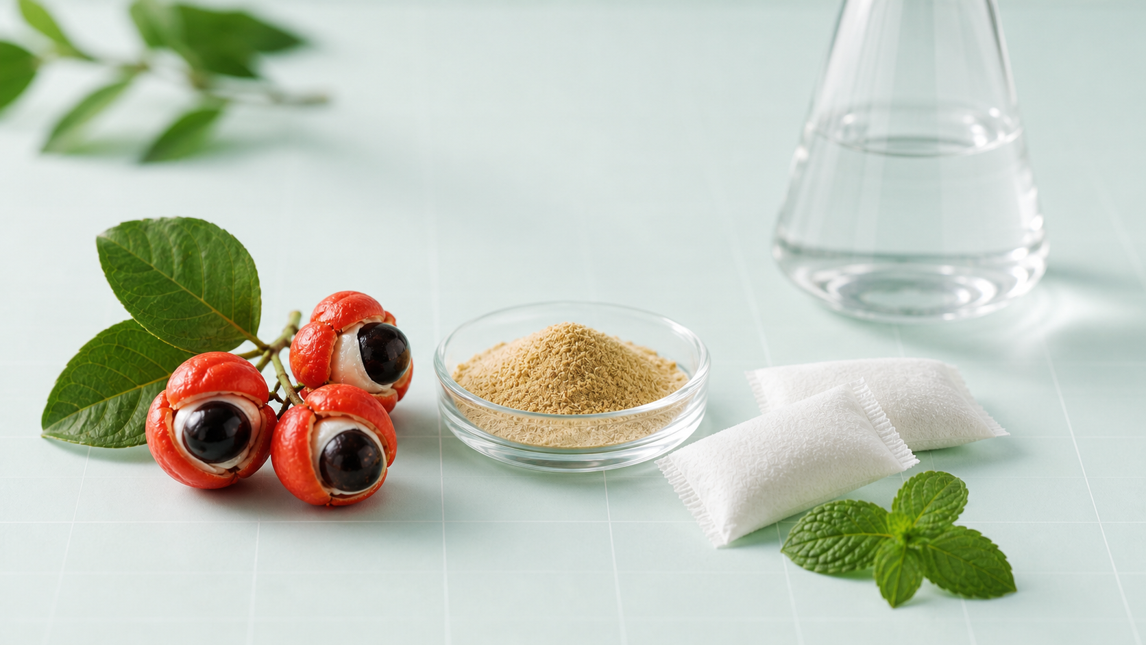 Guarana fruit, standardized guarana powder, and white caffeine pouches on a pale mint surface