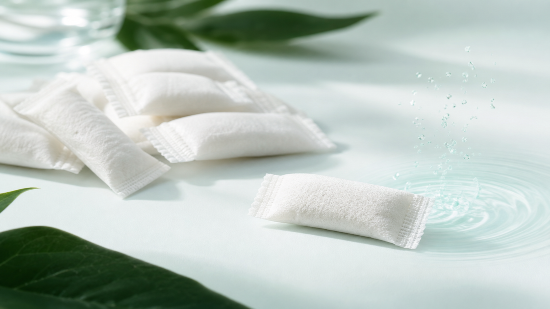 White caffeine pouches releasing into moisture on a pale mint surface