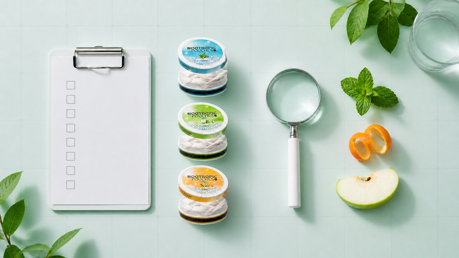 Three Kryze nootropic pouch flavors beside a blank checklist, magnifying glass, mint, citrus peel, and green apple