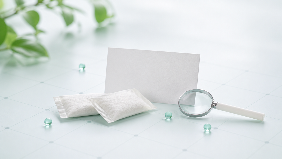White caffeine pouches beside a blank label card and magnifying glass on a pale mint surface