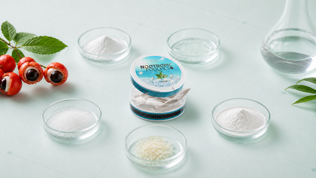 Open blue Kryze nootropic pouch tin surrounded by guarana fruit and glass ingredient dishes on a pale mint surface