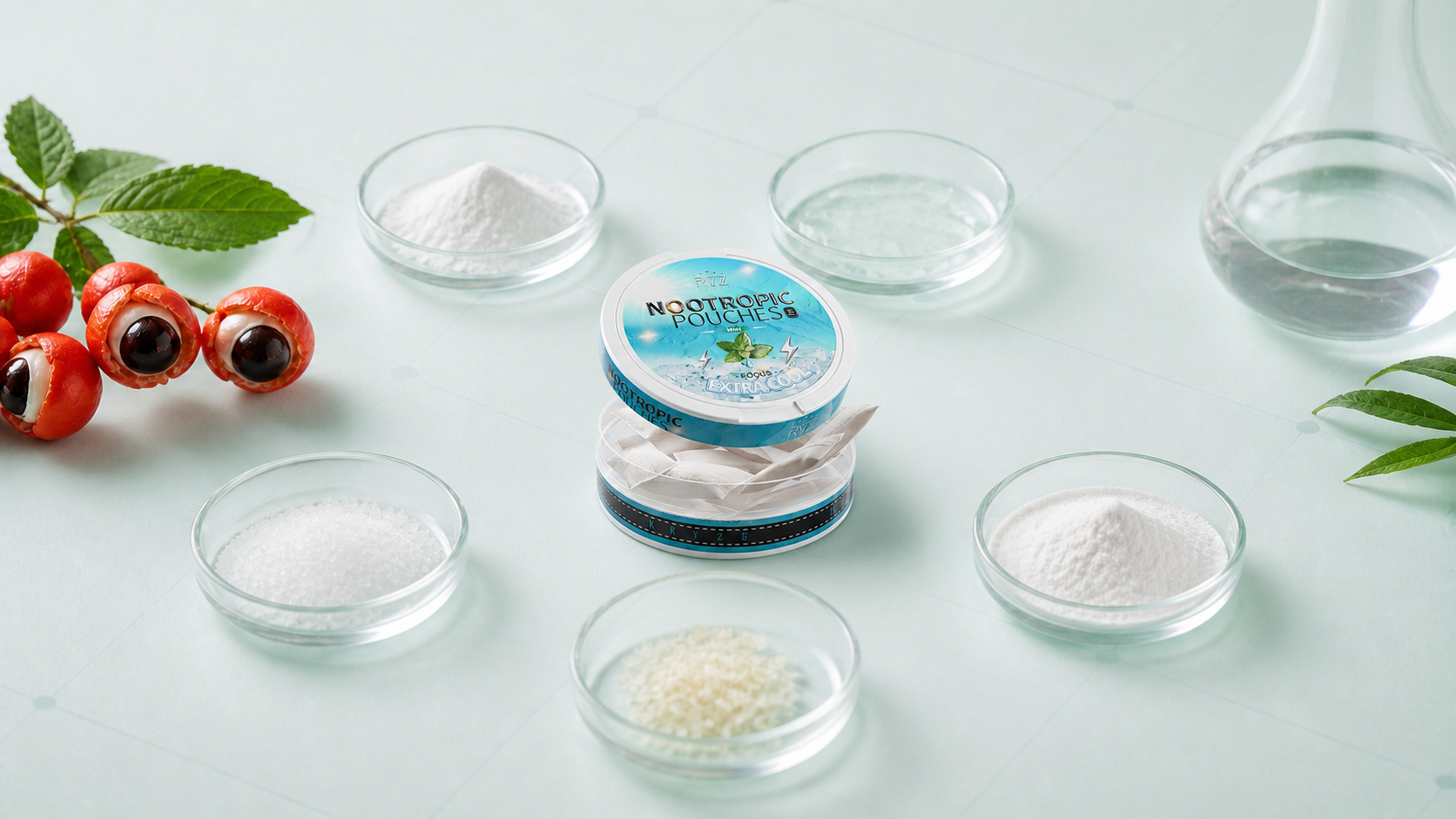 Open blue Kryze nootropic pouch tin surrounded by guarana fruit and glass ingredient dishes on a pale mint surface