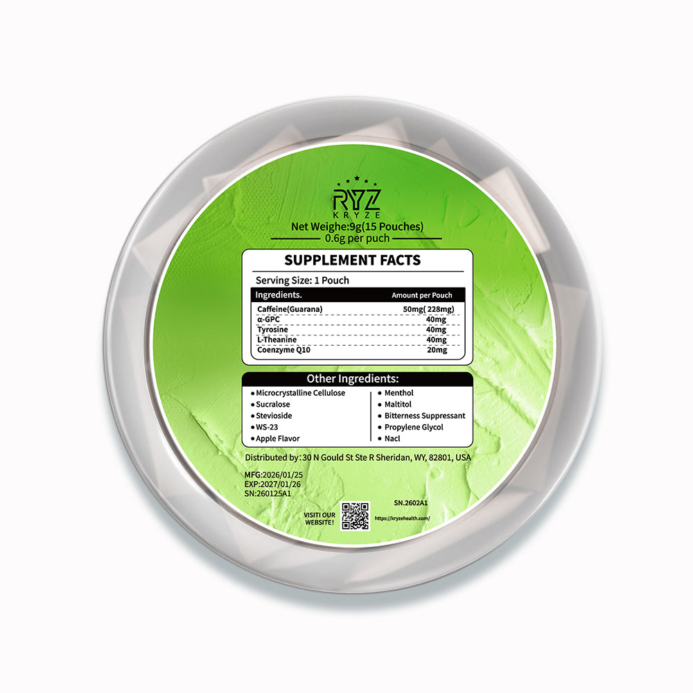 Back of Kryze Green Apple Mint caffeine pouch can with Supplement Facts and ingredients