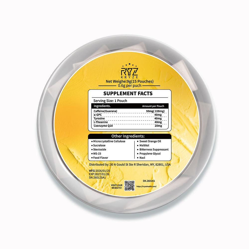 Back of Kryze Citrus Mint caffeine pouch can with Supplement Facts and ingredients