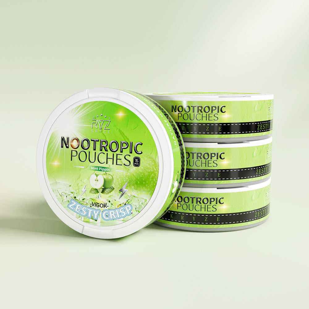 Four Kryze Green Apple Mint caffeine pouch cans with one front-facing