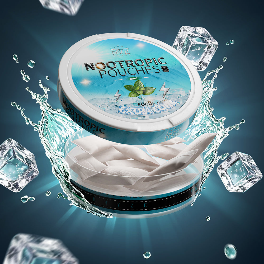 Open Kryze Fresh Mint caffeine pouch can showing white pouches with ice