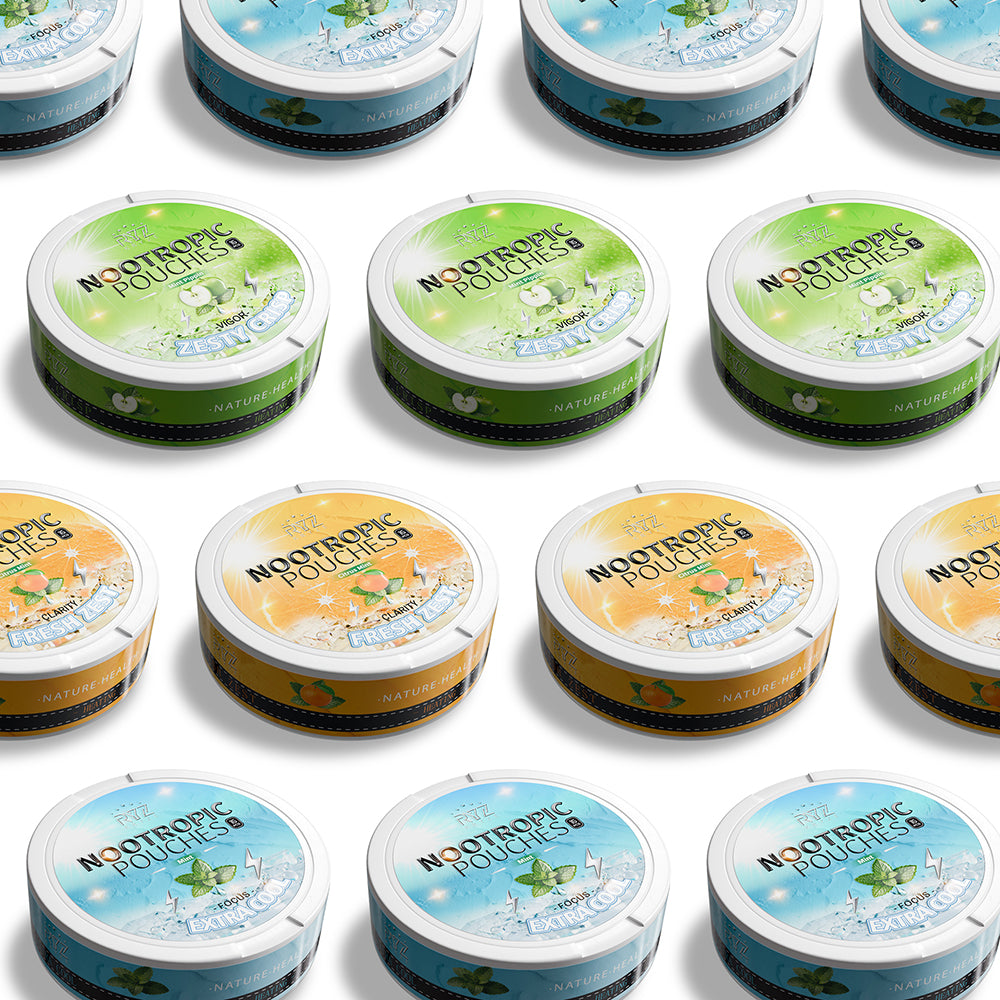 Kryze caffeine pouch cans in Fresh Mint, Citrus Mint, and Green Apple Mint flavors