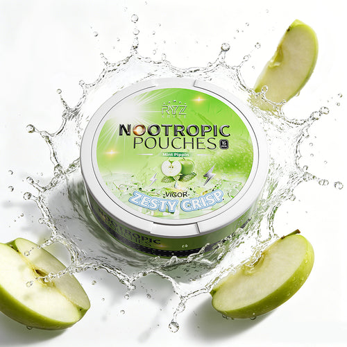 Kryze Green Apple Mint caffeine pouch can with apple slices and water splash