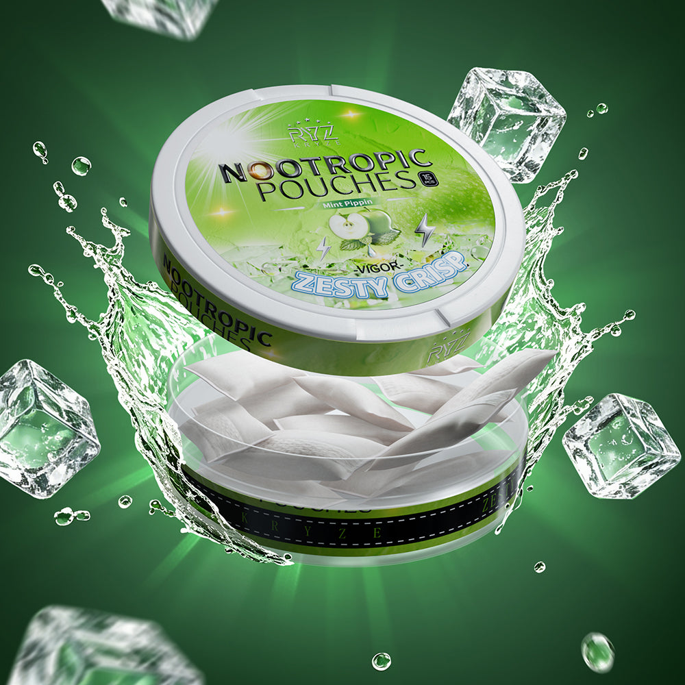 Open Kryze Green Apple Mint caffeine pouch can showing white pouches with ice