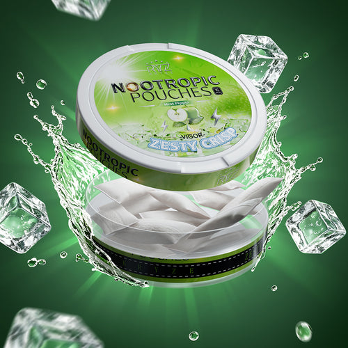 Open Kryze Green Apple Mint caffeine pouch can showing white pouches with ice