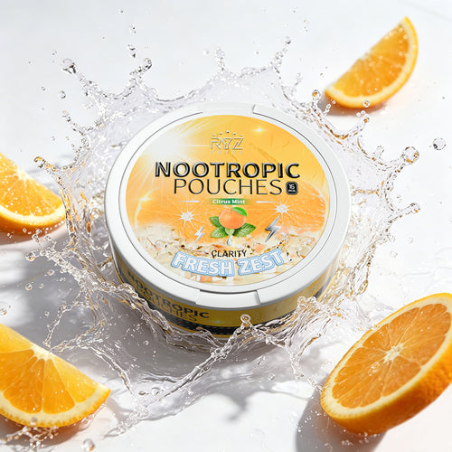 Kryze Citrus Mint caffeine pouch can with orange slices and water splash