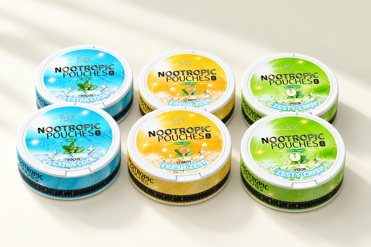 Six Kryze caffeine pouch cans: two Fresh Mint, two Citrus Mint and two Green Apple Mint; 90 pouches total.