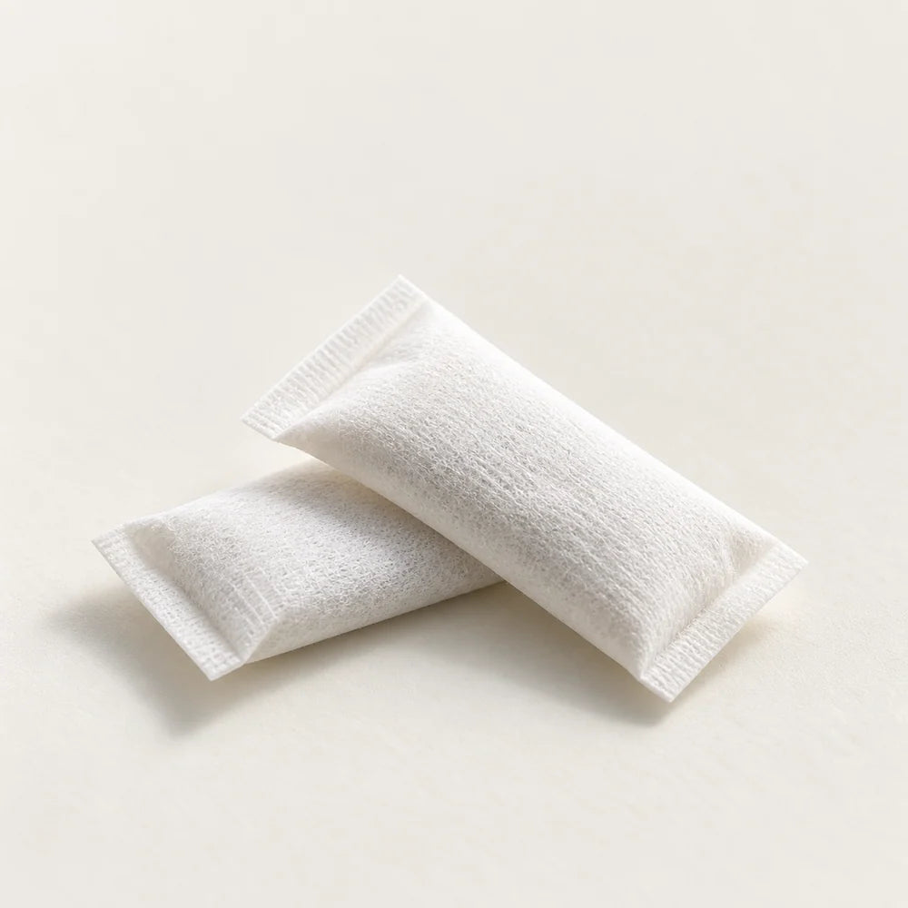 Close-up of two white Kryze pouches and their fabric texture